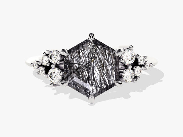 Hexagonal rutilated quartz ring with diamonds