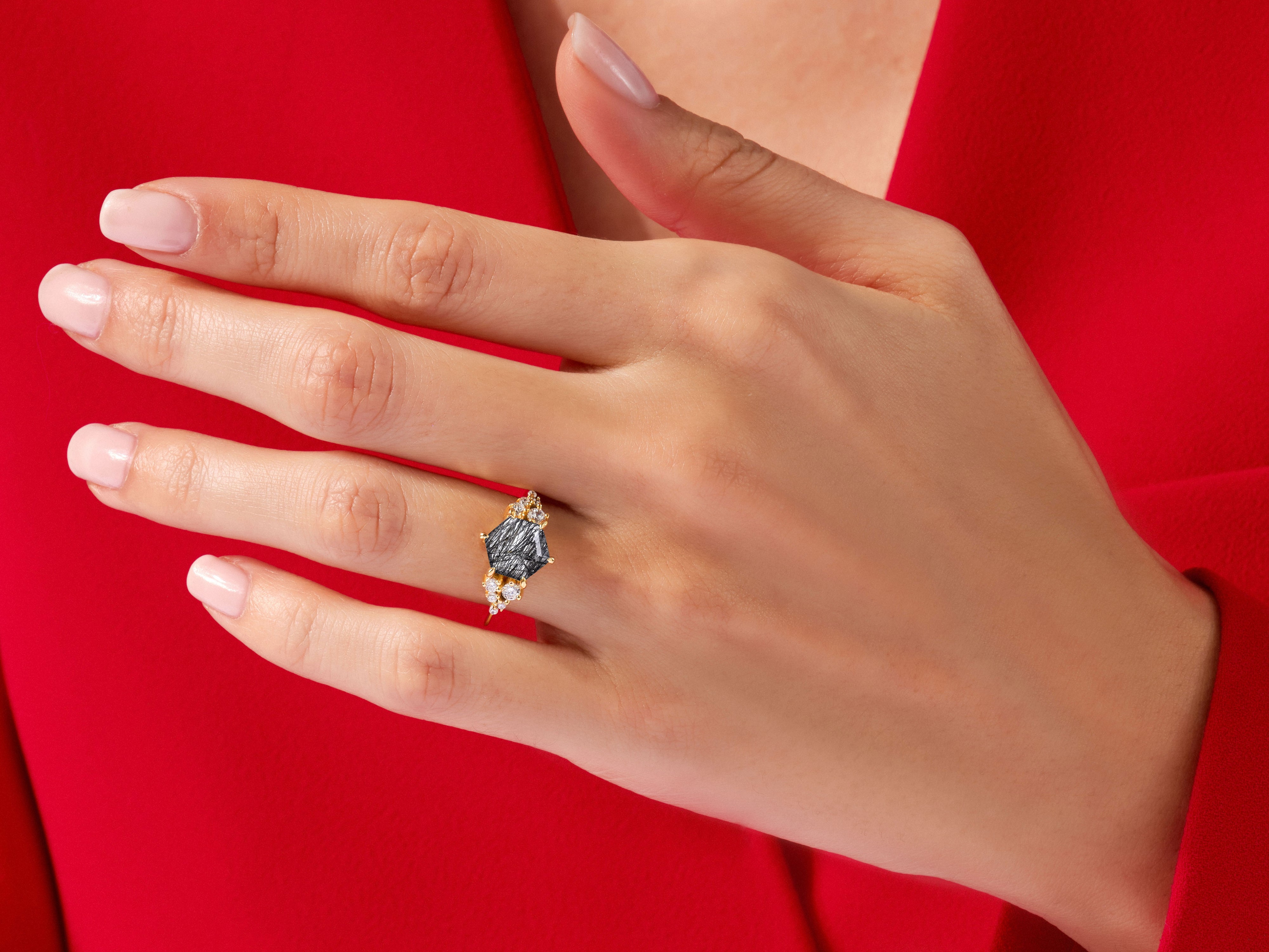 Hexagon Black Rutilated Quartz Engagement Ring with Moissanite Cluster