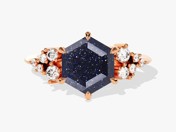 Hexagonal blue sandstone ring with diamonds, rose gold setting