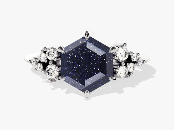 Hexagonal blue sandstone ring with diamonds, fine jewelry