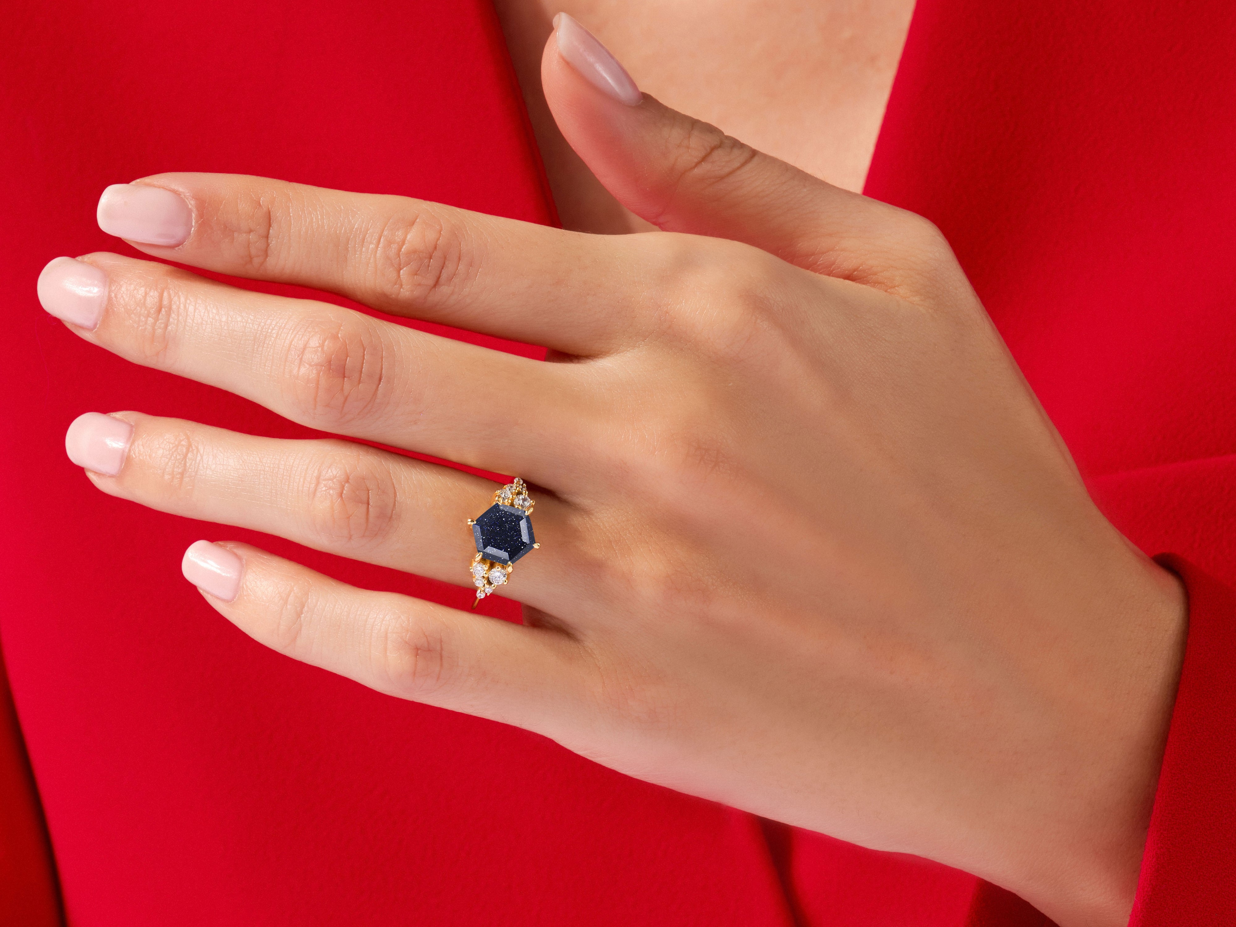 Hexagon Blue Sandstone Engagement Ring with Moissanite Cluster