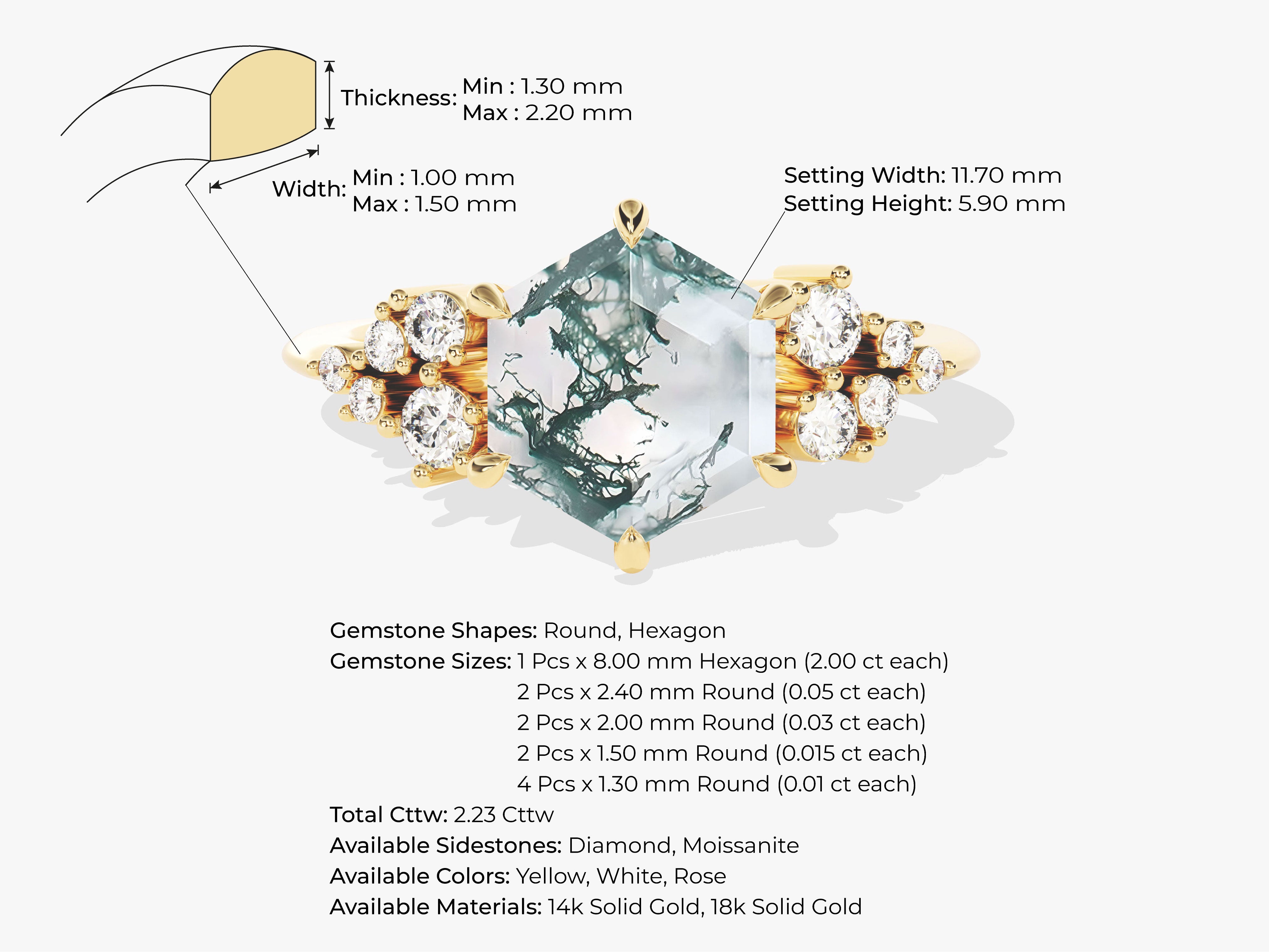 Hexagon moss agate ring with diamonds, available in gold