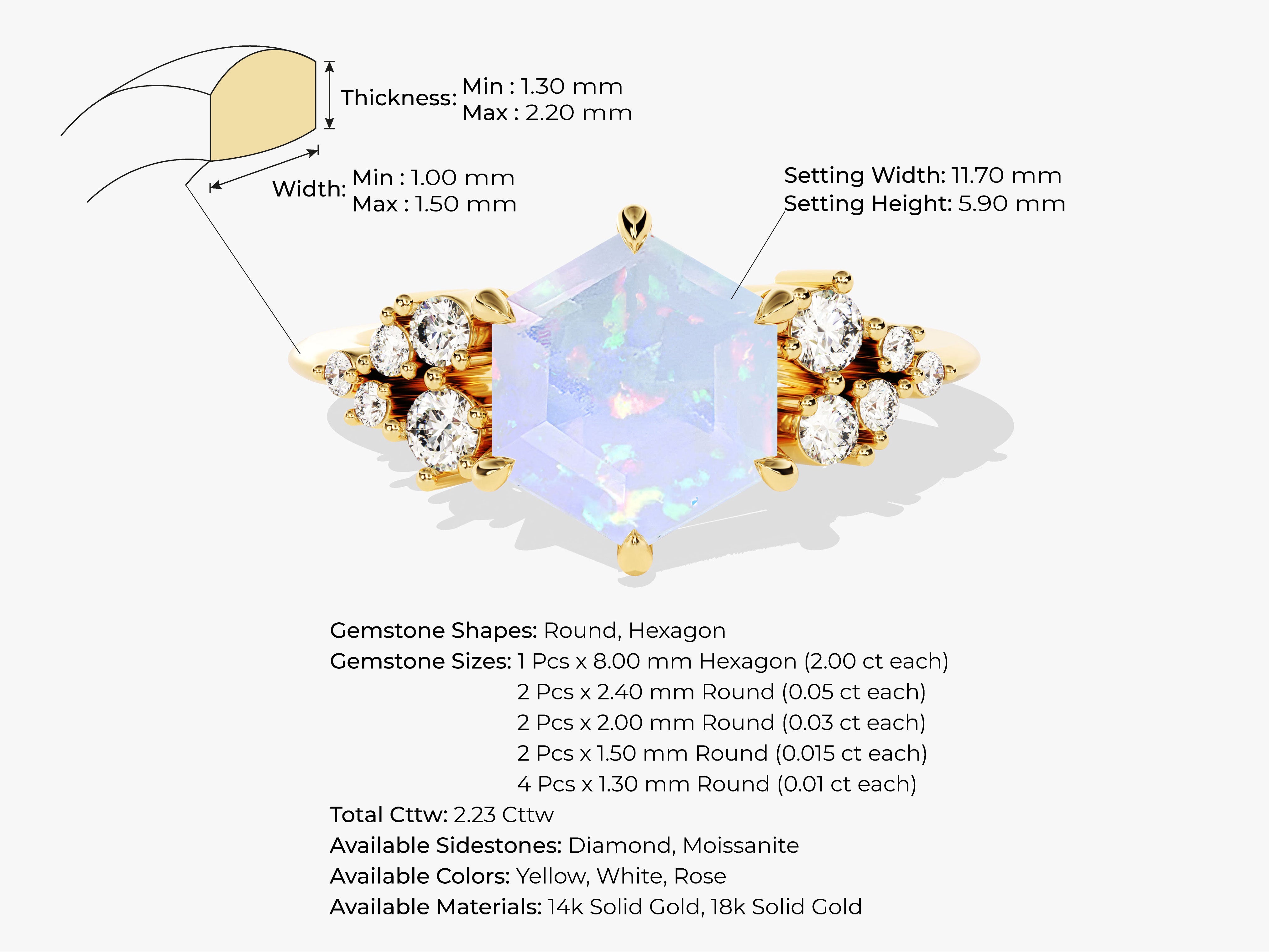 Gold ring with hexagon opal and diamond accents