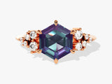 Hexagon Lab Alexandrite Engagement Ring with Moissanite Cluster