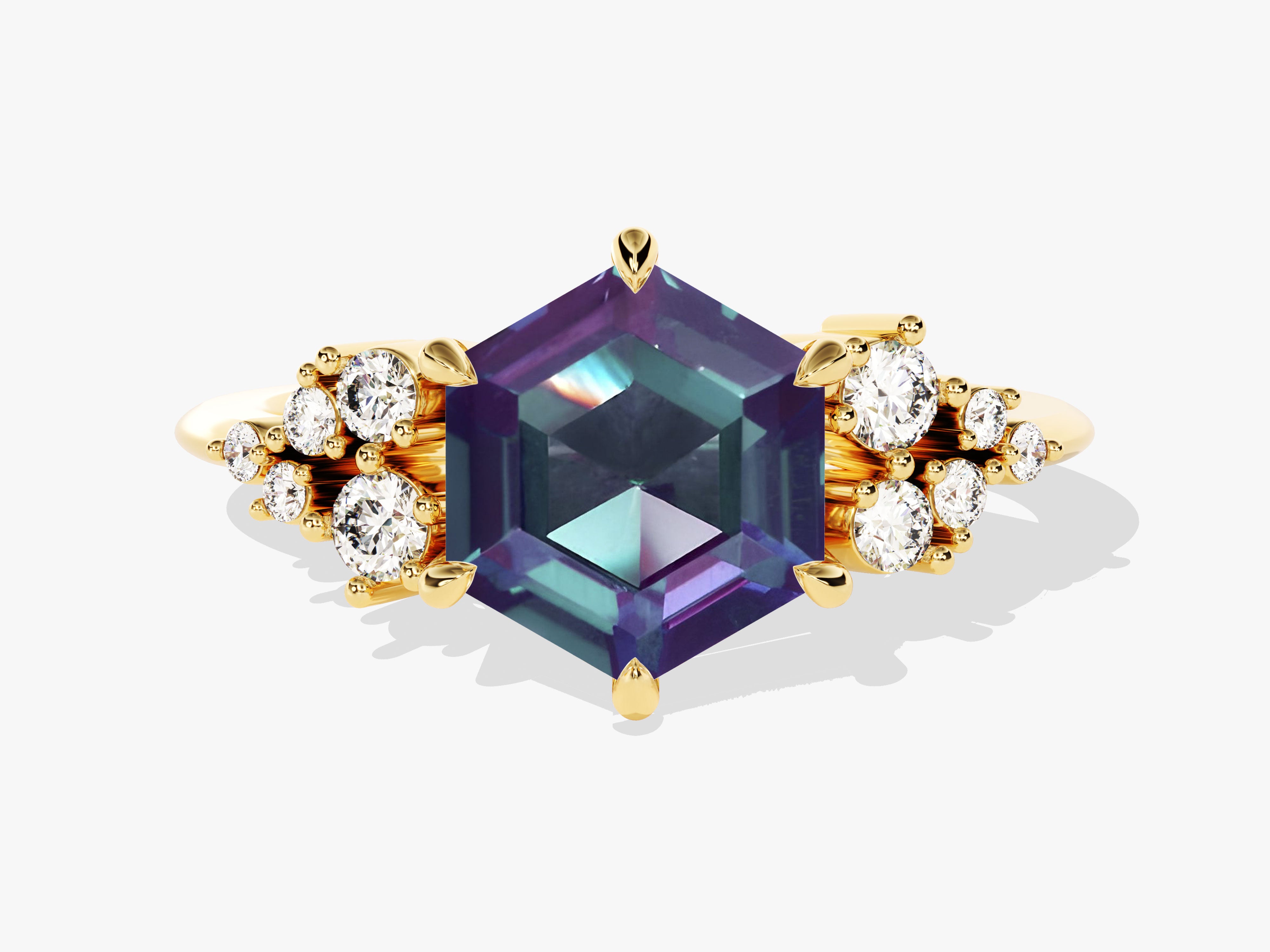 Hexagonal alexandrite ring with diamonds, gold jewelry, engagement ring