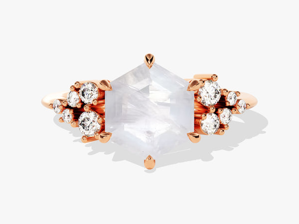Hexagonal moonstone ring with diamonds, rose gold, fine jewelry