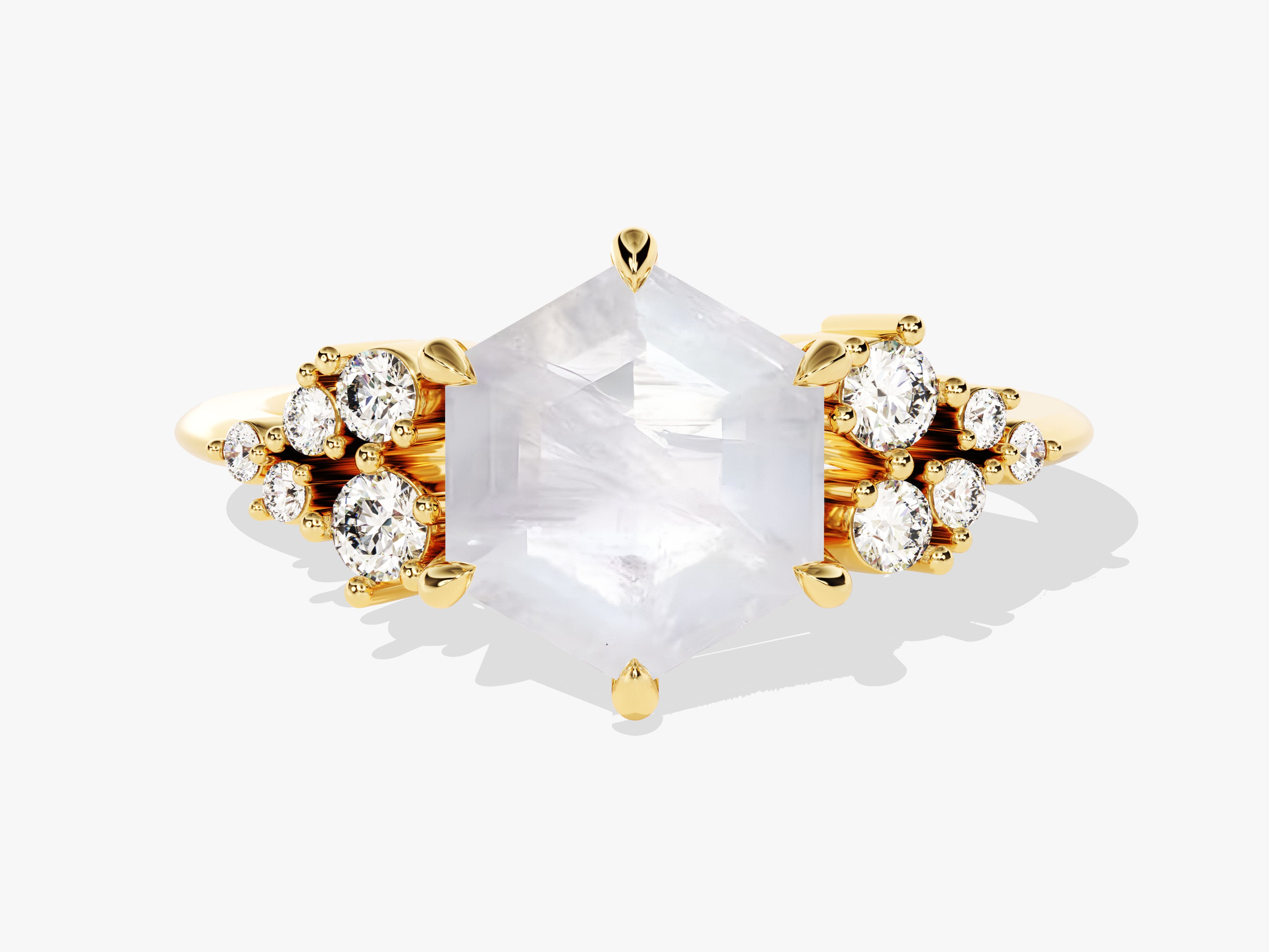Hexagonal moonstone ring with diamonds, gold setting, fine jewelry