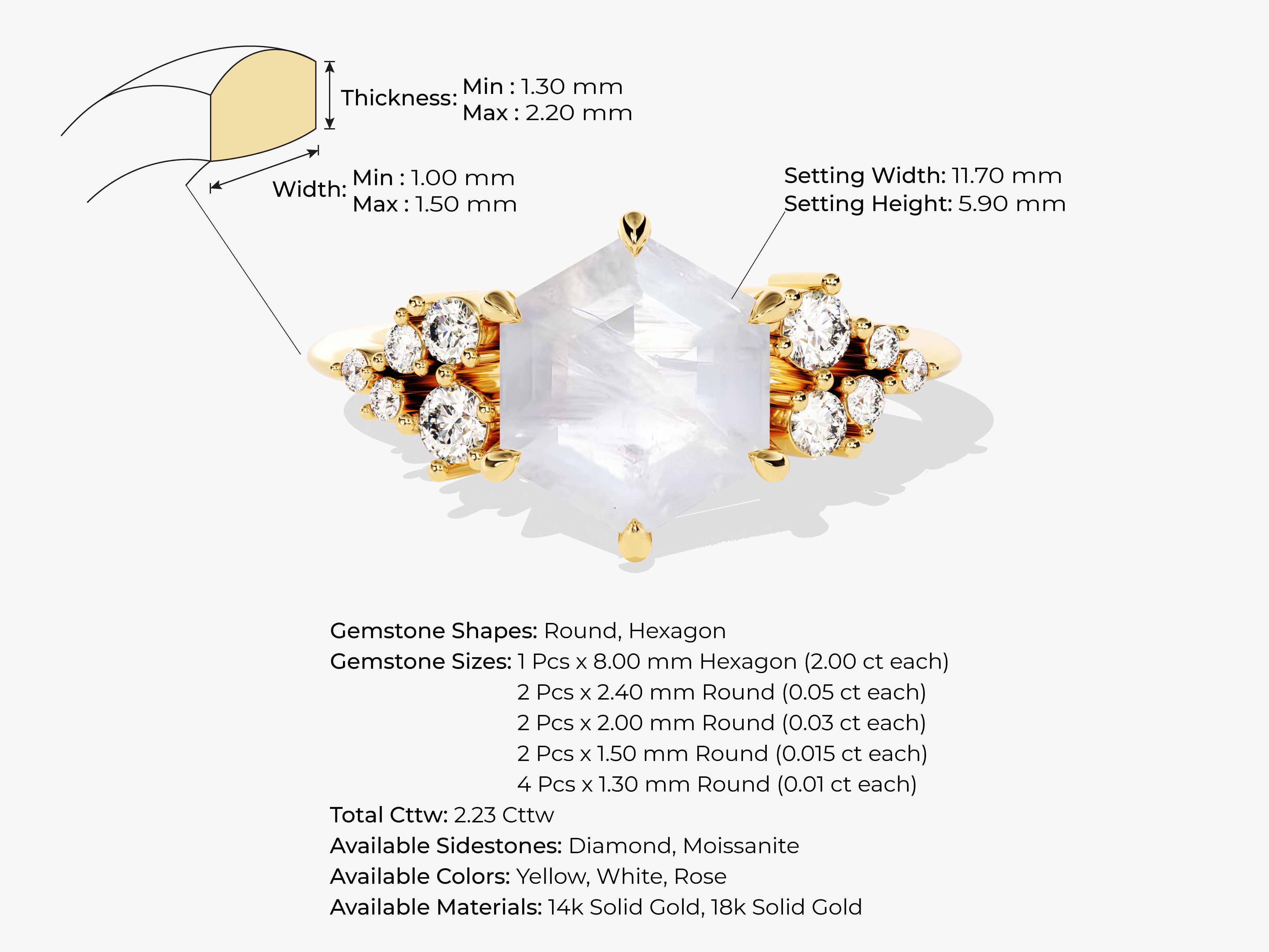 Hexagon gemstone ring with diamonds, available in gold