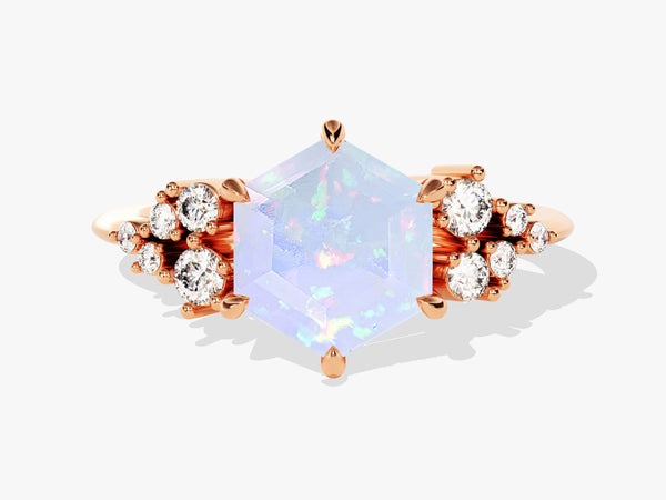 Hexagonal opal and diamond engagement ring in rose gold