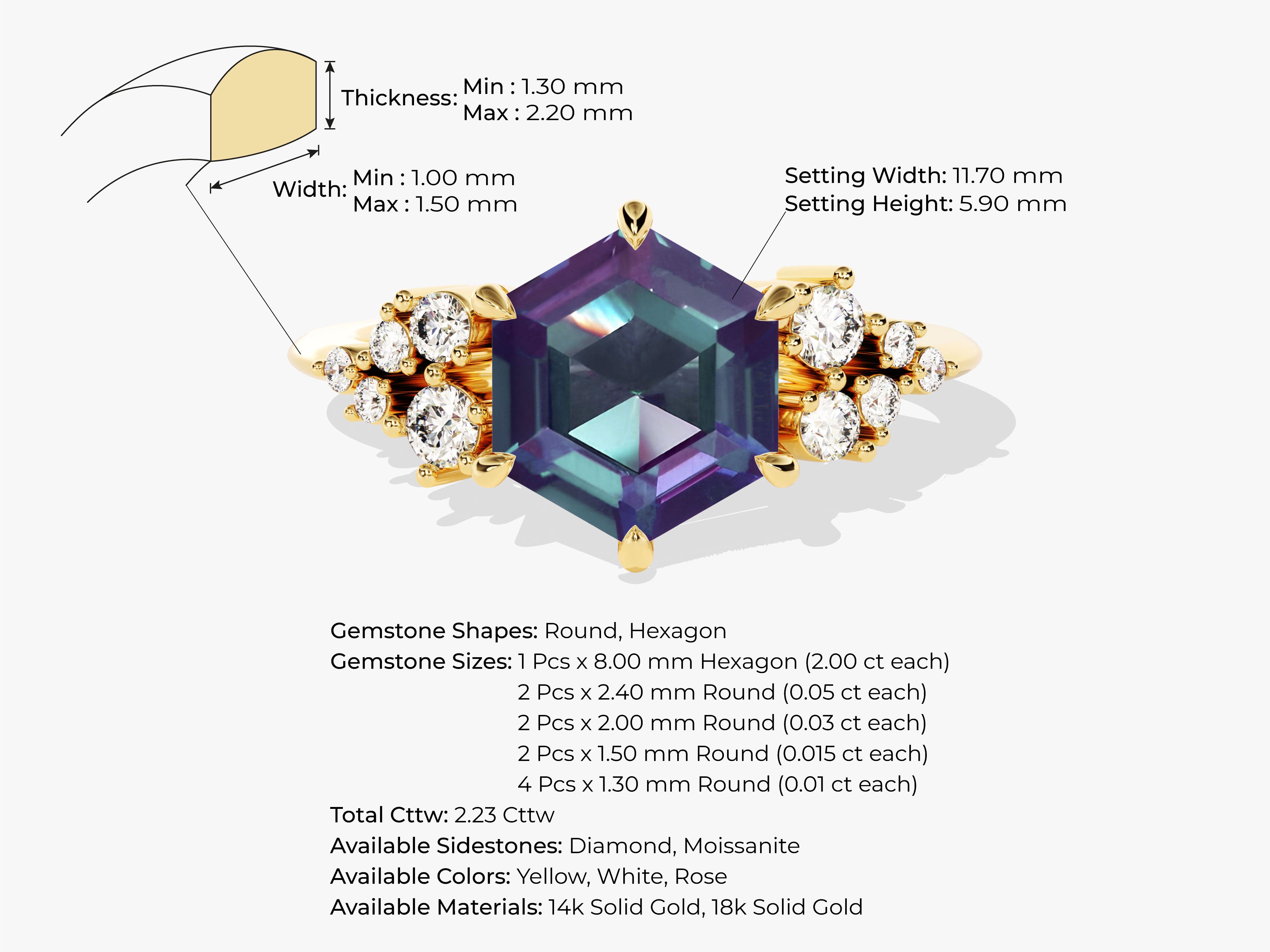 Hexagon alexandrite ring with diamonds, gold jewelry