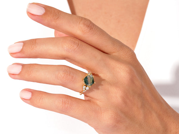 Hexagon Moss Agate Engagement Ring with Moissanite Cluster