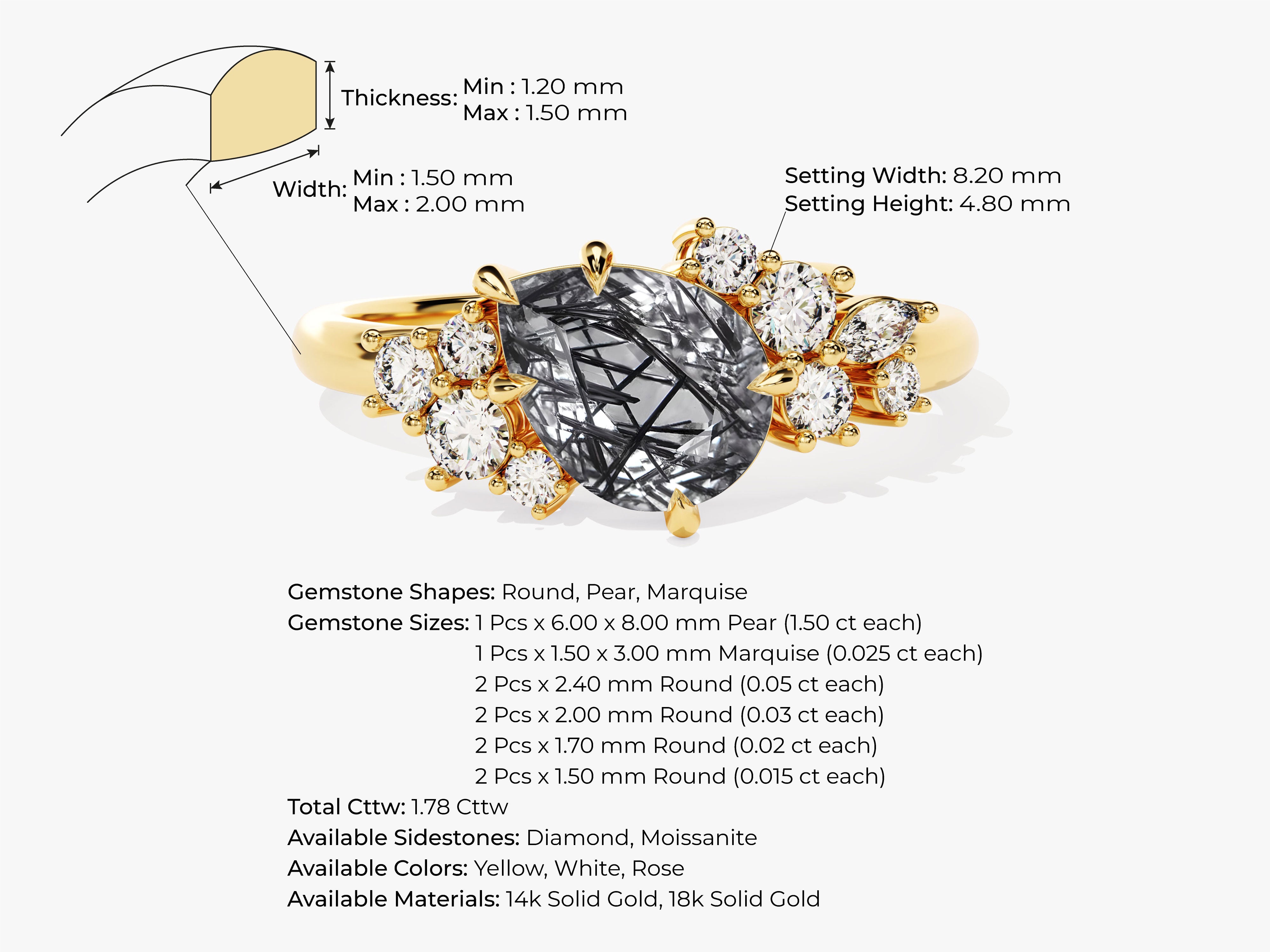 Gold ring with pear-cut black diamond and accent stones