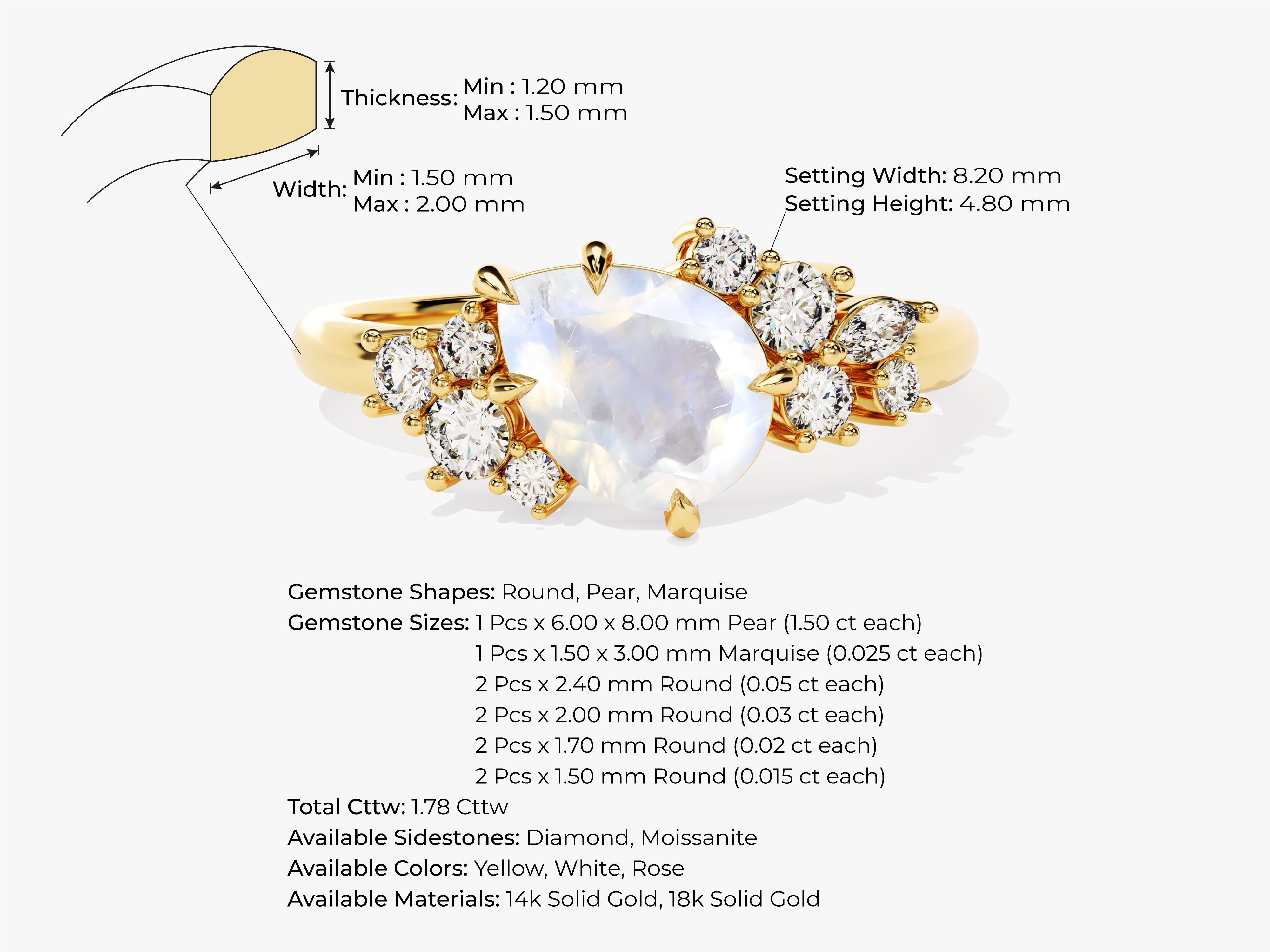 Gold pear-shaped moonstone ring with diamond accents