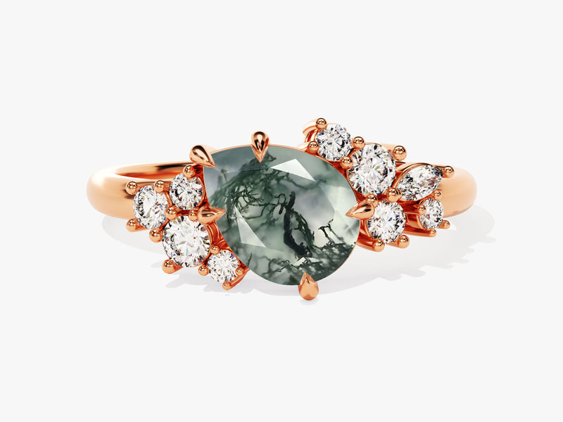 Pear Moss Agate Engagement Ring with Round Moissanite Cluster