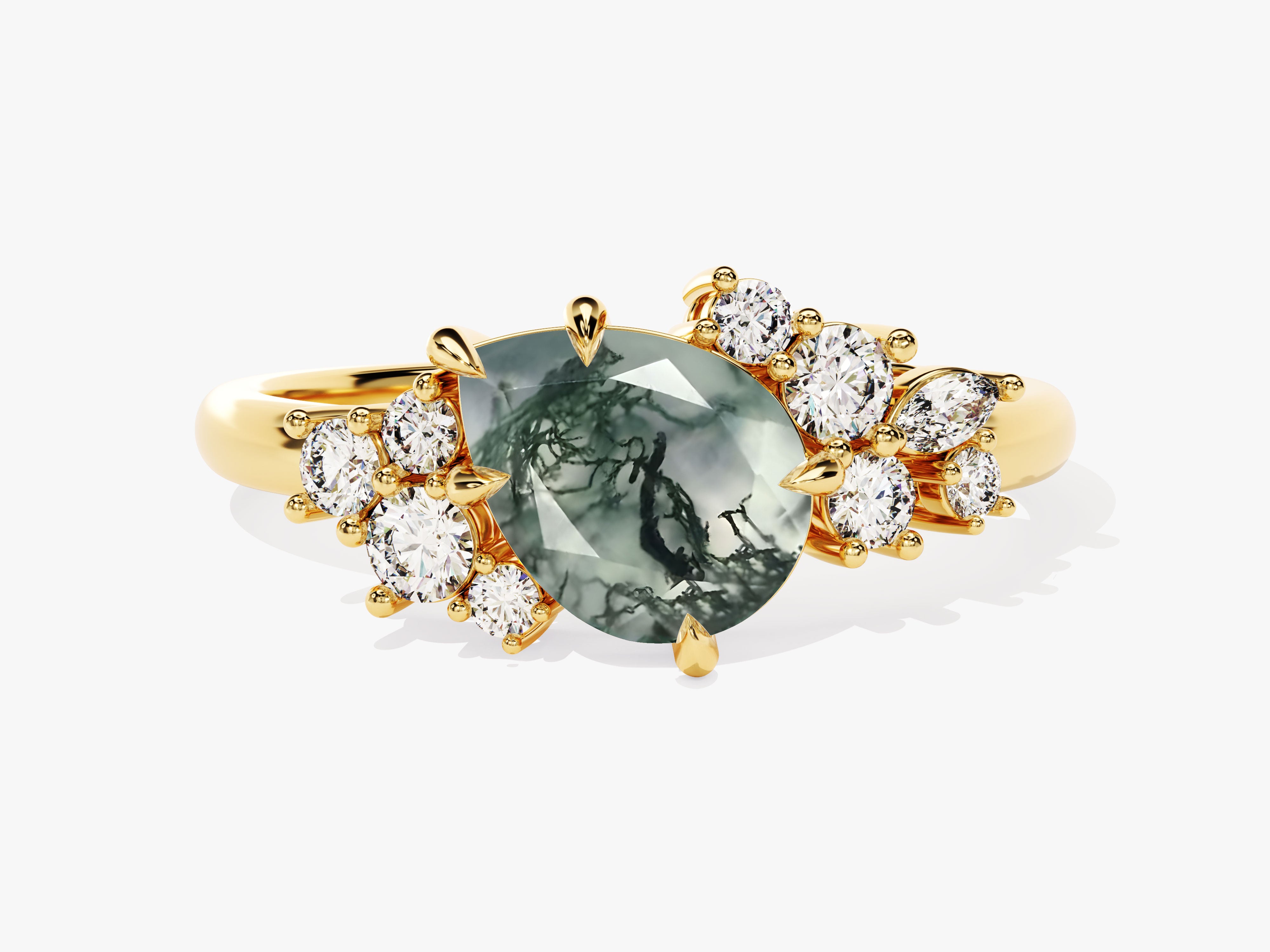 Gold ring with moss agate and diamonds, jewelry design