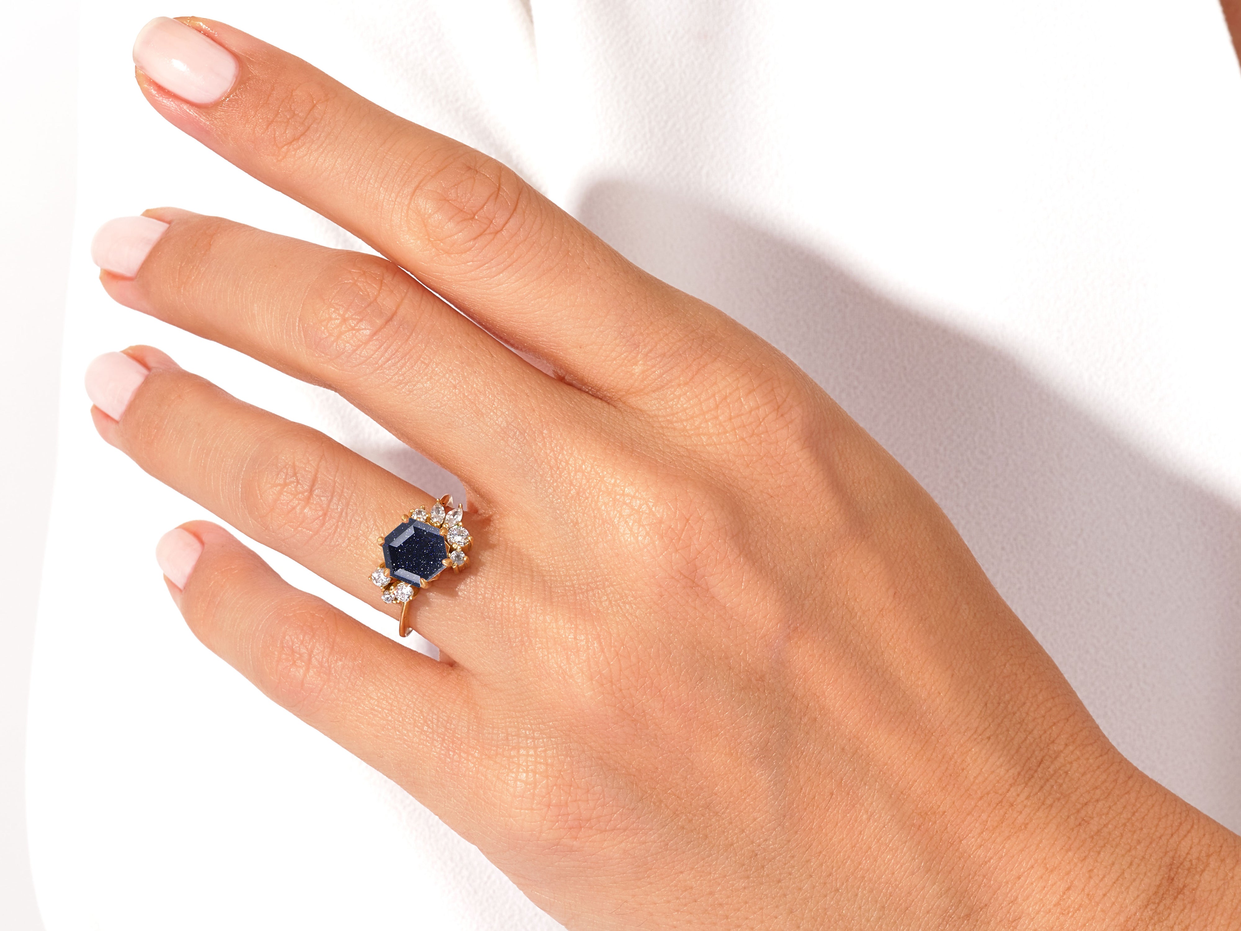 Hexagon Blue Sandstone Vintage Engagement Ring with Moissanite Cluster