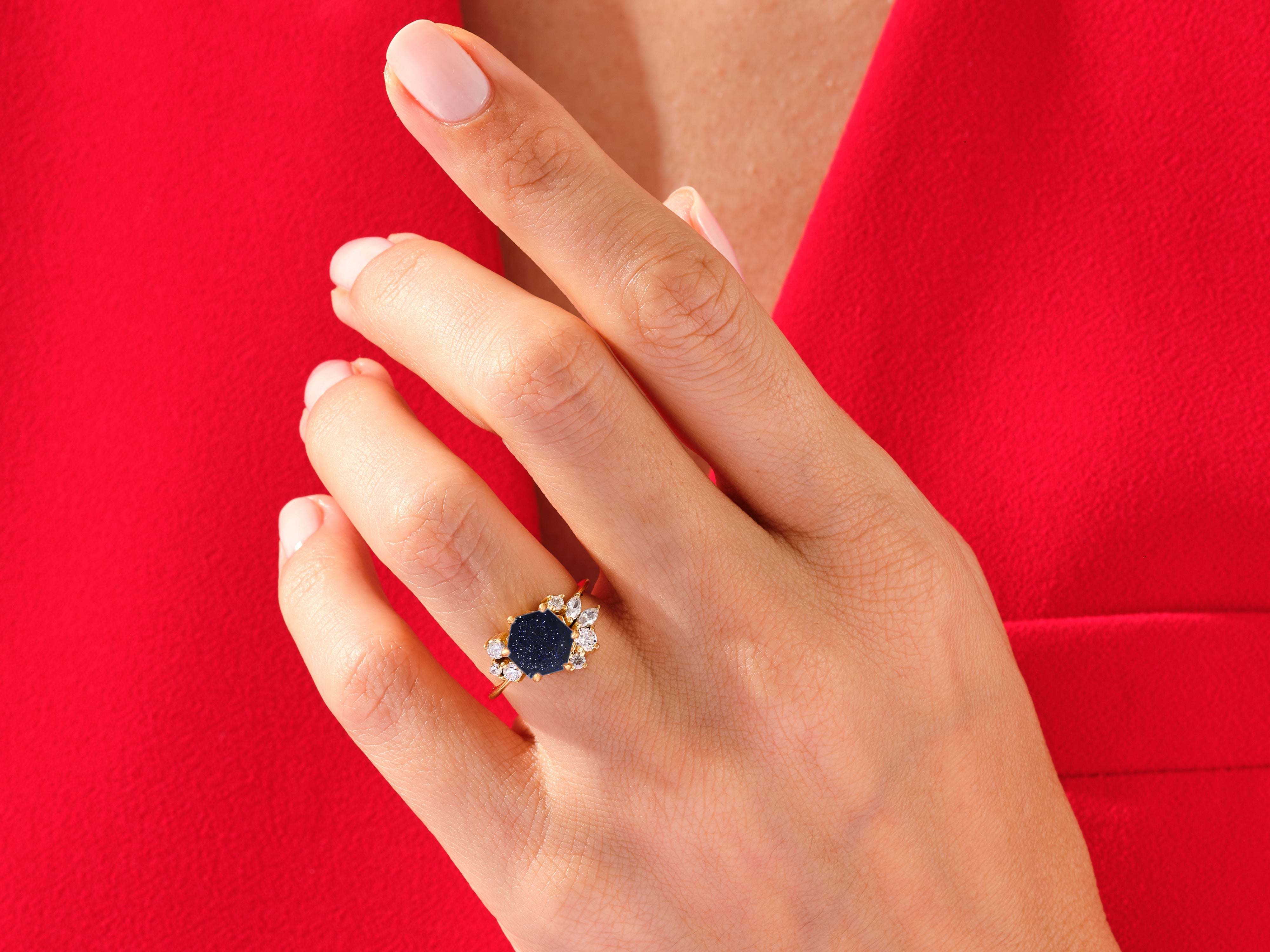 Hexagon Blue Sandstone Vintage Engagement Ring with Moissanite Cluster