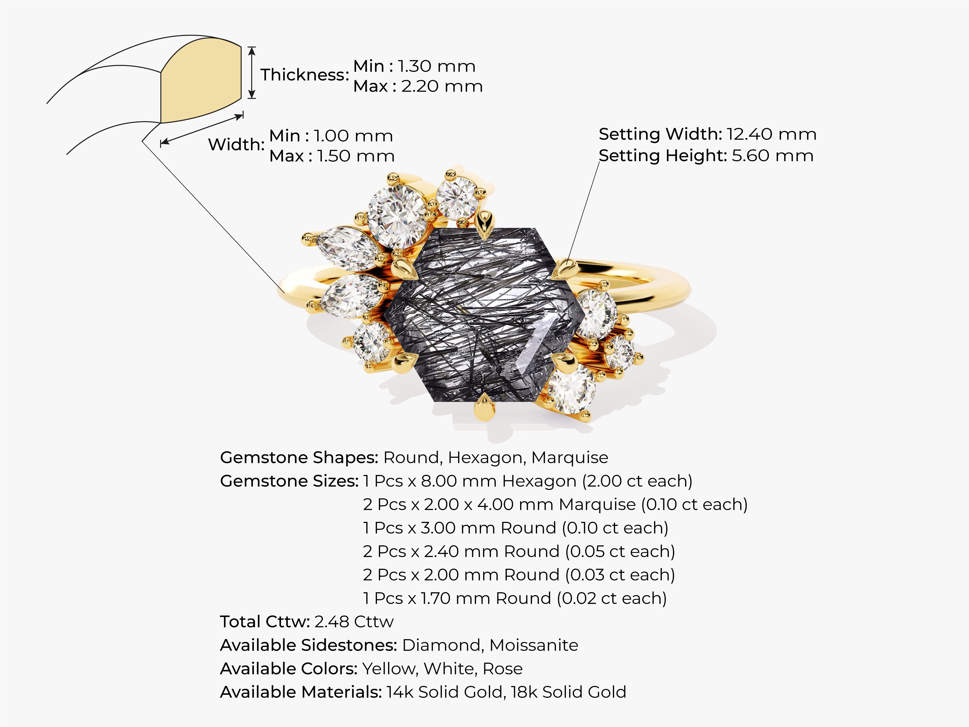 Hexagon gemstone ring with diamonds, gold jewelry details