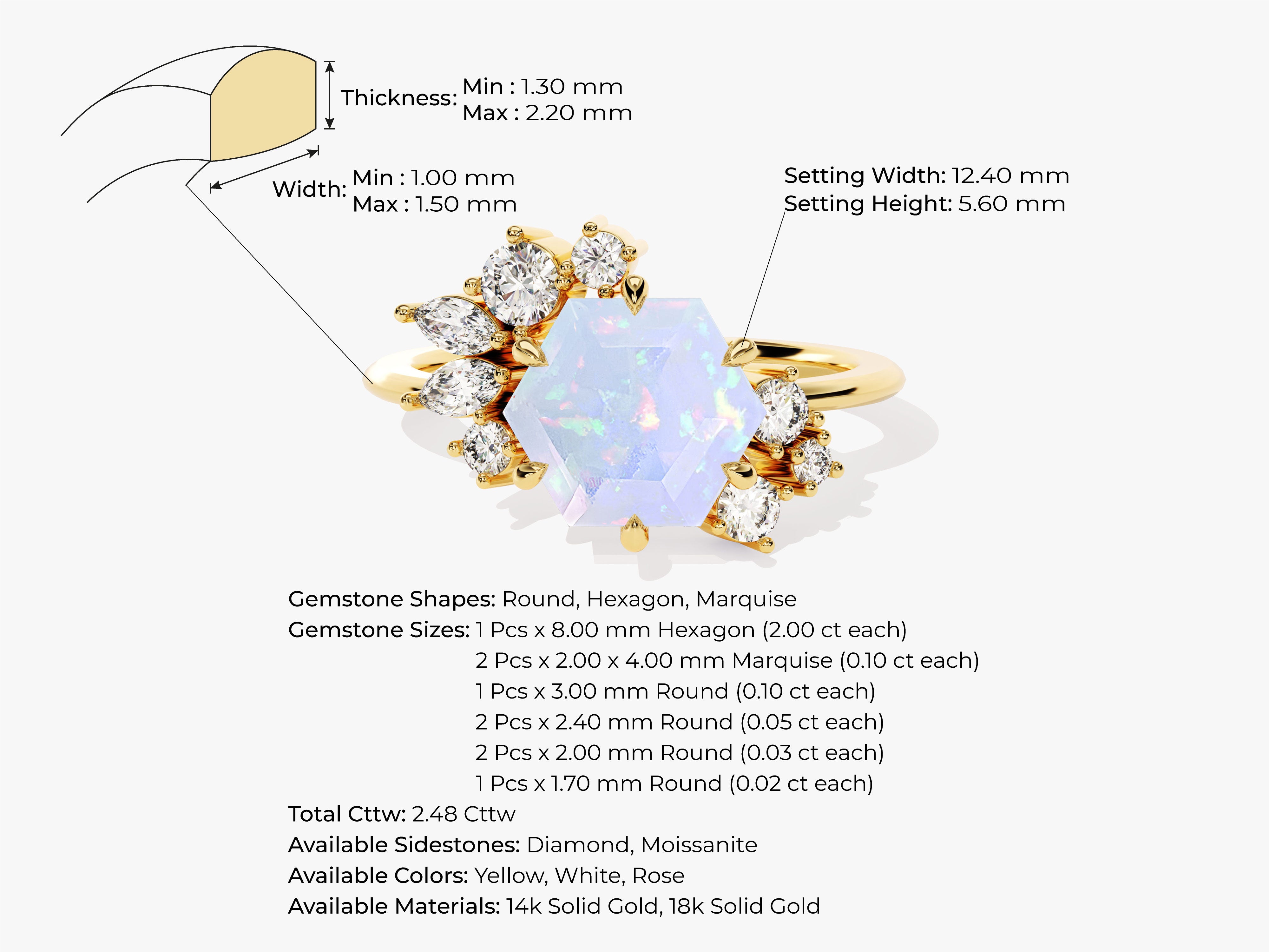 Hexagon opal and diamond ring, 14k solid gold jewelry
