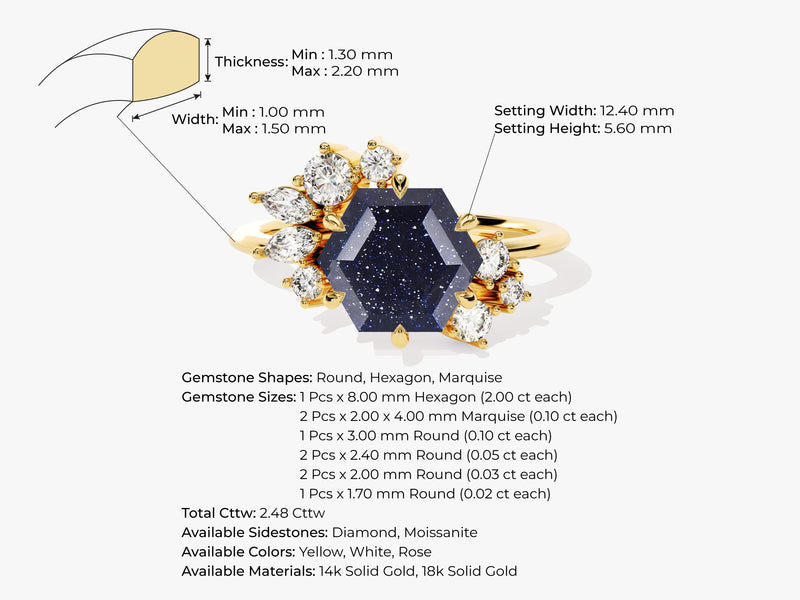 Hexagon Blue Sandstone Vintage Engagement Ring with Moissanite Cluster