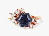 Hexagon Blue Sandstone Vintage Engagement Ring with Moissanite Cluster