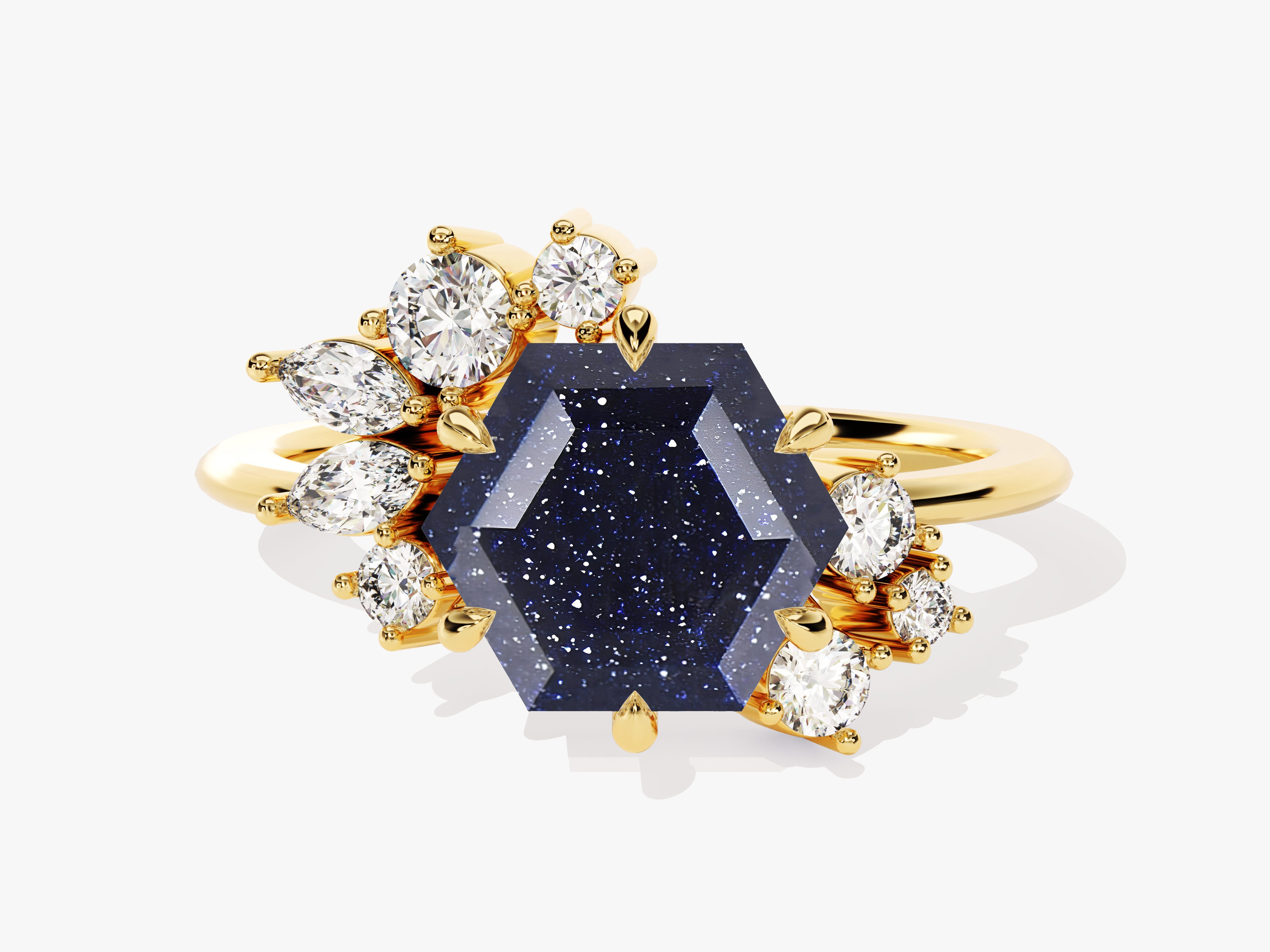 Gold ring with hexagonal blue sandstone and diamonds