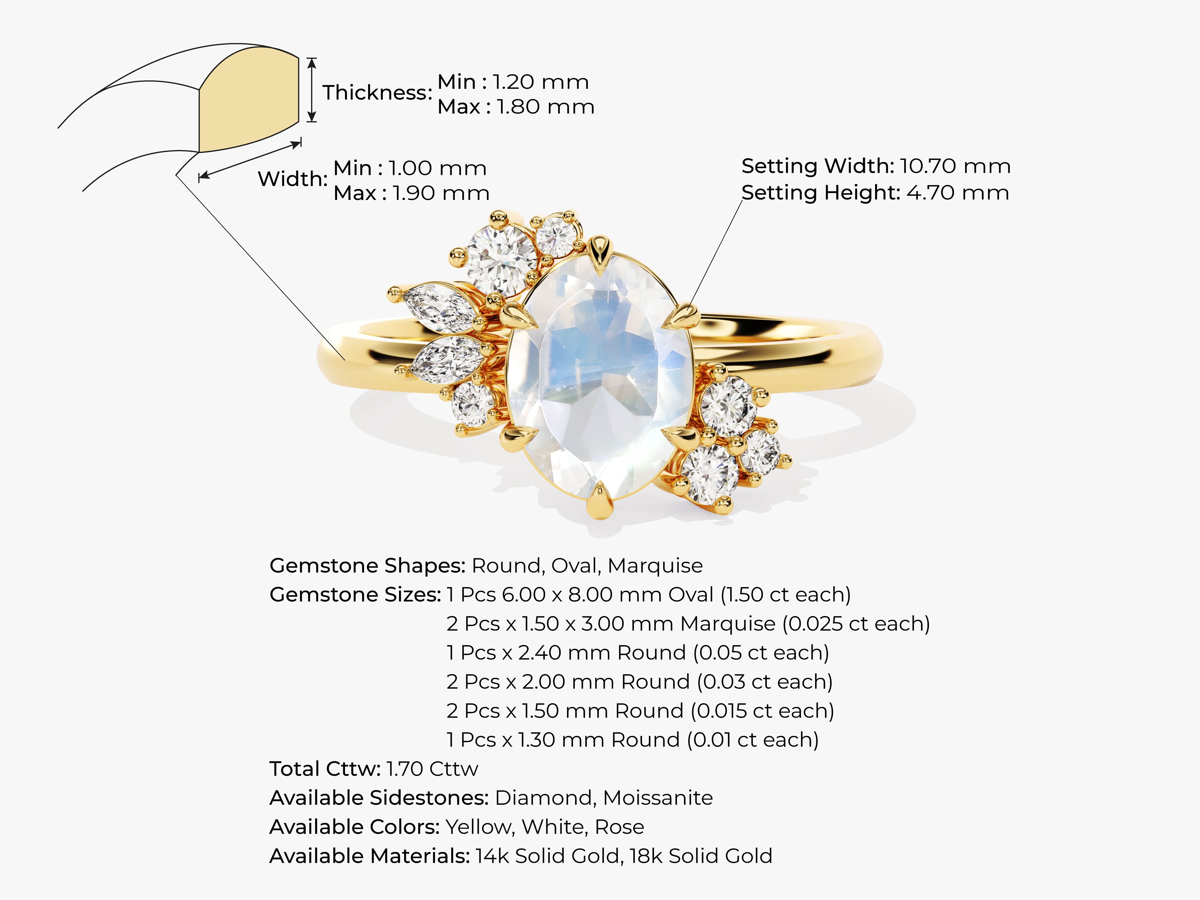 Gold ring with moonstone and diamonds, jewelry details