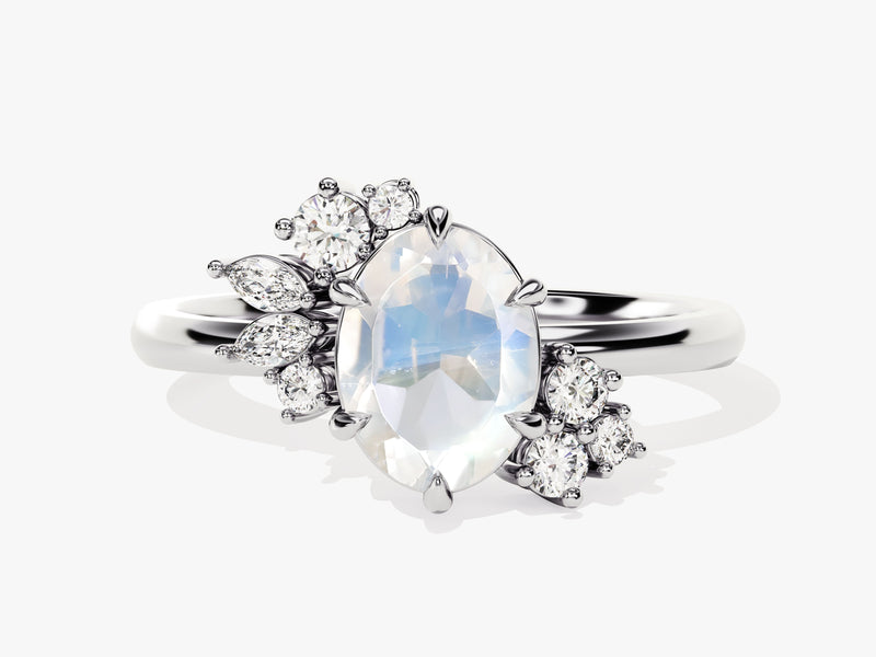 Oval Moonstone Engagement Ring with Round Moissanite Cluster