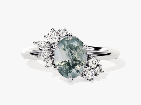 Oval moss agate ring with diamond accents, fine jewelry