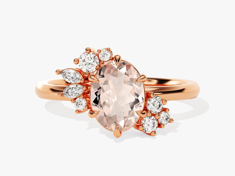 Oval Cut Peach Morganite Engagement Ring with Marquise and Round Moissanites