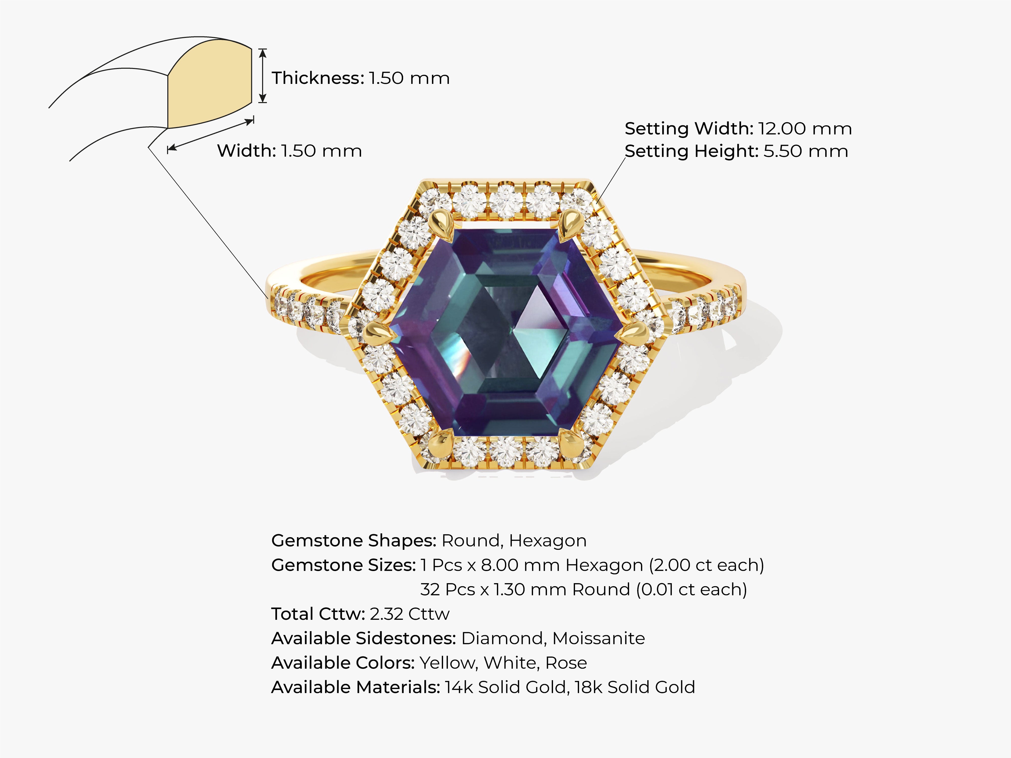 Hexagon alexandrite ring with diamond halo, gold jewelry