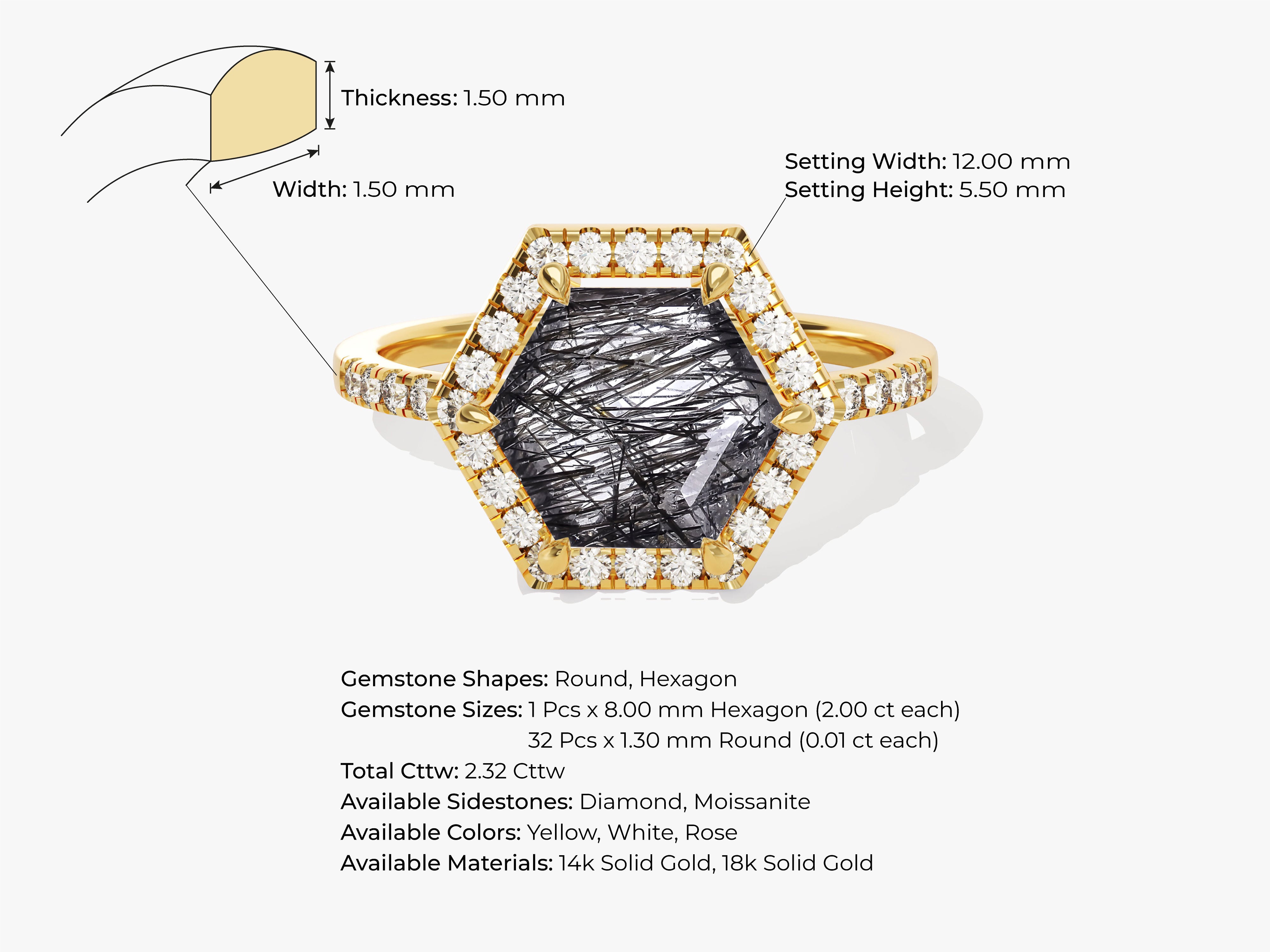 Hexagon gemstone ring with diamond halo, gold band