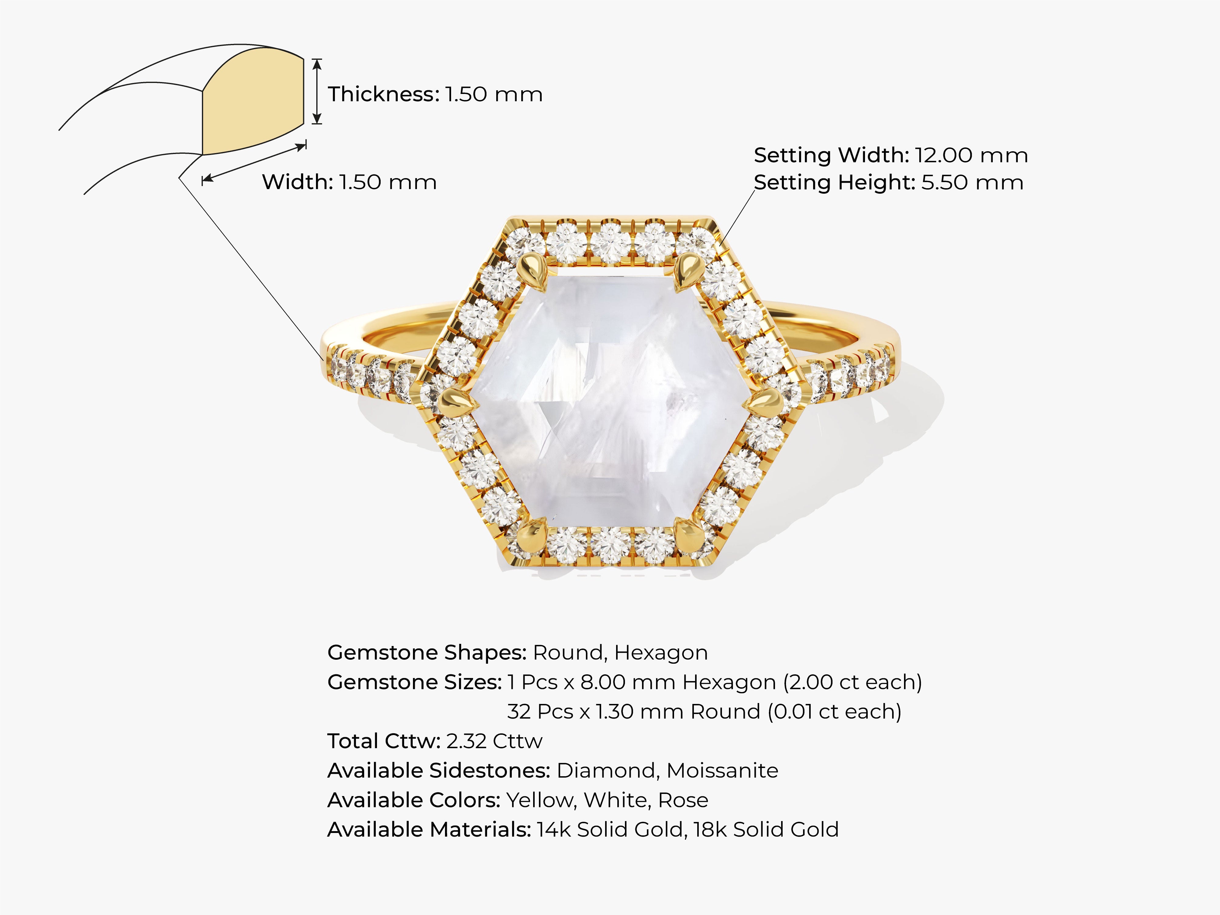 Hexagon gemstone ring with diamond halo, gold setting