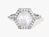 Halo Hexagon Moonstone Engagement Ring with Pave Set Moissanite Sidestones