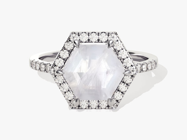Hexagonal diamond engagement ring with halo setting