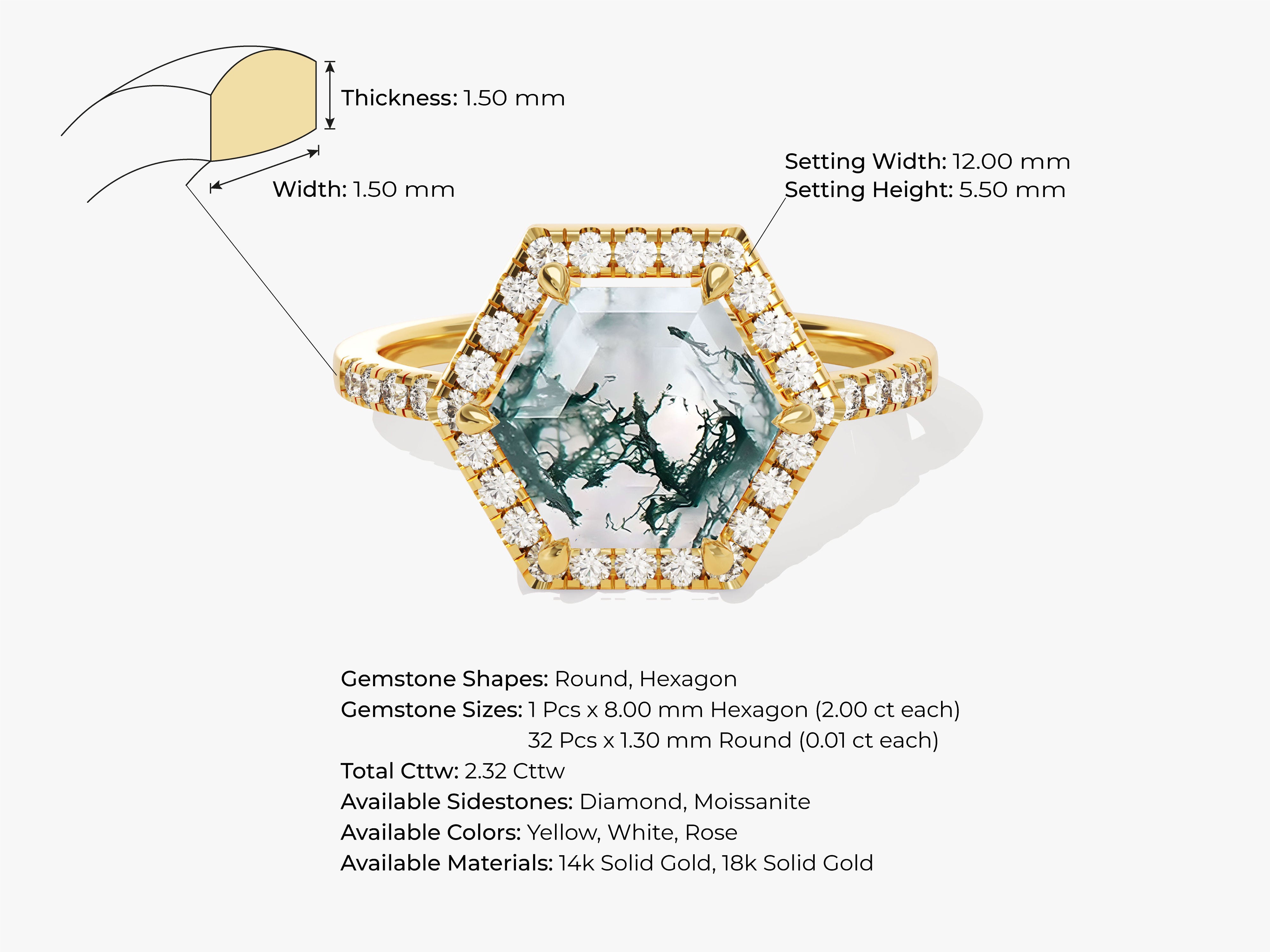 Hexagon moss agate ring with diamonds, gold jewelry