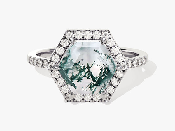 Hexagonal moss agate diamond halo ring