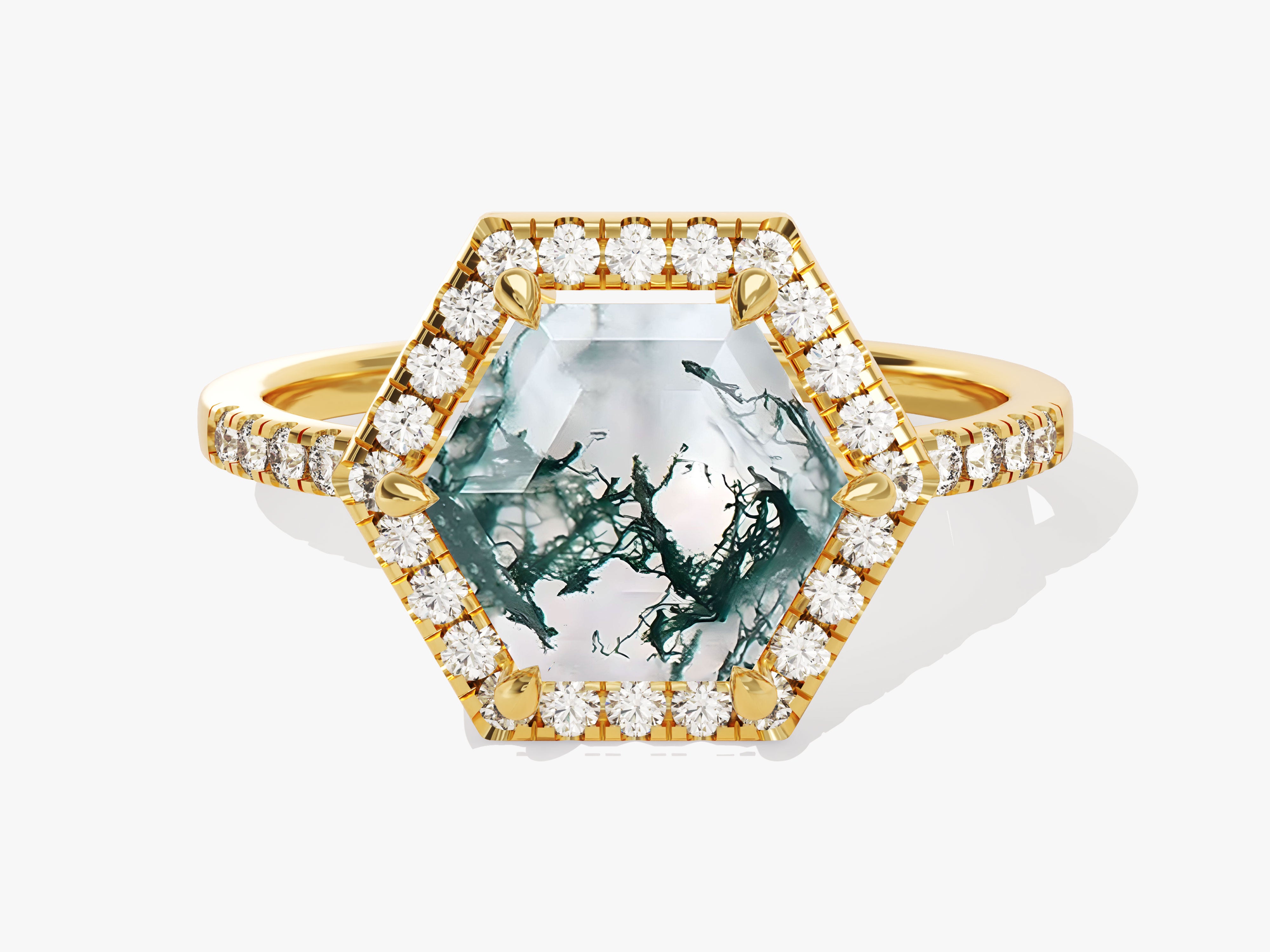 Hexagonal moss agate ring with diamonds, gold band, jewelry