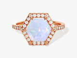 Halo Hexagon Opal Engagement Ring with Pave Set Moissanite Sidestones