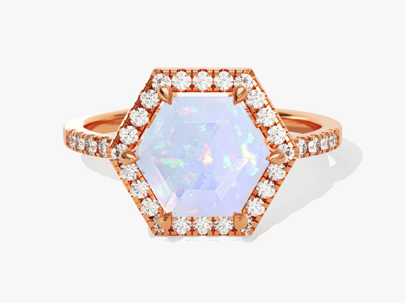 Halo Hexagon Opal Engagement Ring with Pave Set Moissanite Sidestones