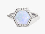 Halo Hexagon Opal Engagement Ring with Pave Set Moissanite Sidestones