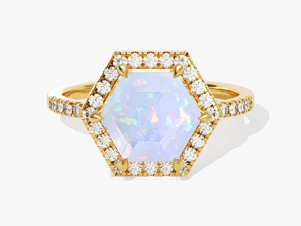 Halo Hexagon Opal Engagement Ring with Pave Set Moissanite Sidestones