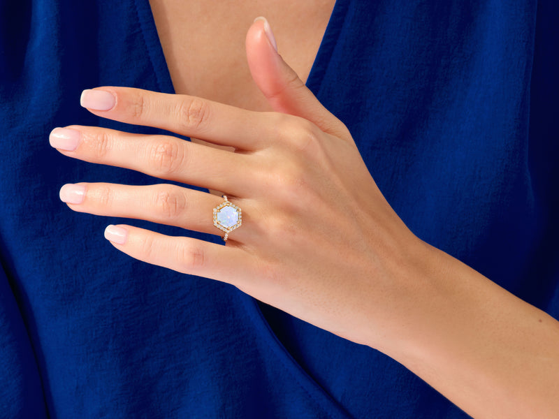 Halo Hexagon Opal Engagement Ring with Pave Set Moissanite Sidestones