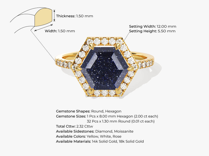 Halo Hexagon Blue Sandstone Engagement Ring with Pave Set Moissanite Sidestones