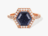 Halo Hexagon Blue Sandstone Engagement Ring with Pave Set Moissanite Sidestones