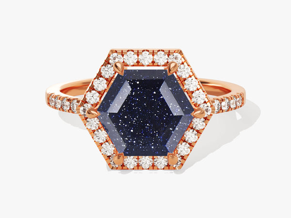 Rose gold hexagon ring with blue sandstone and diamonds