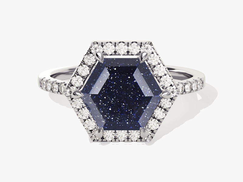 Halo Hexagon Blue Sandstone Engagement Ring with Pave Set Moissanite Sidestones