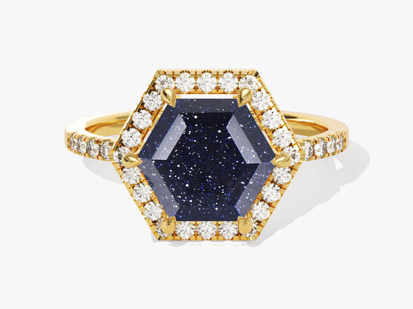 Halo Hexagon Blue Sandstone Engagement Ring with Pave Set Moissanite Sidestones