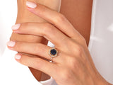 Halo Hexagon Blue Sandstone Engagement Ring with Pave Set Moissanite Sidestones