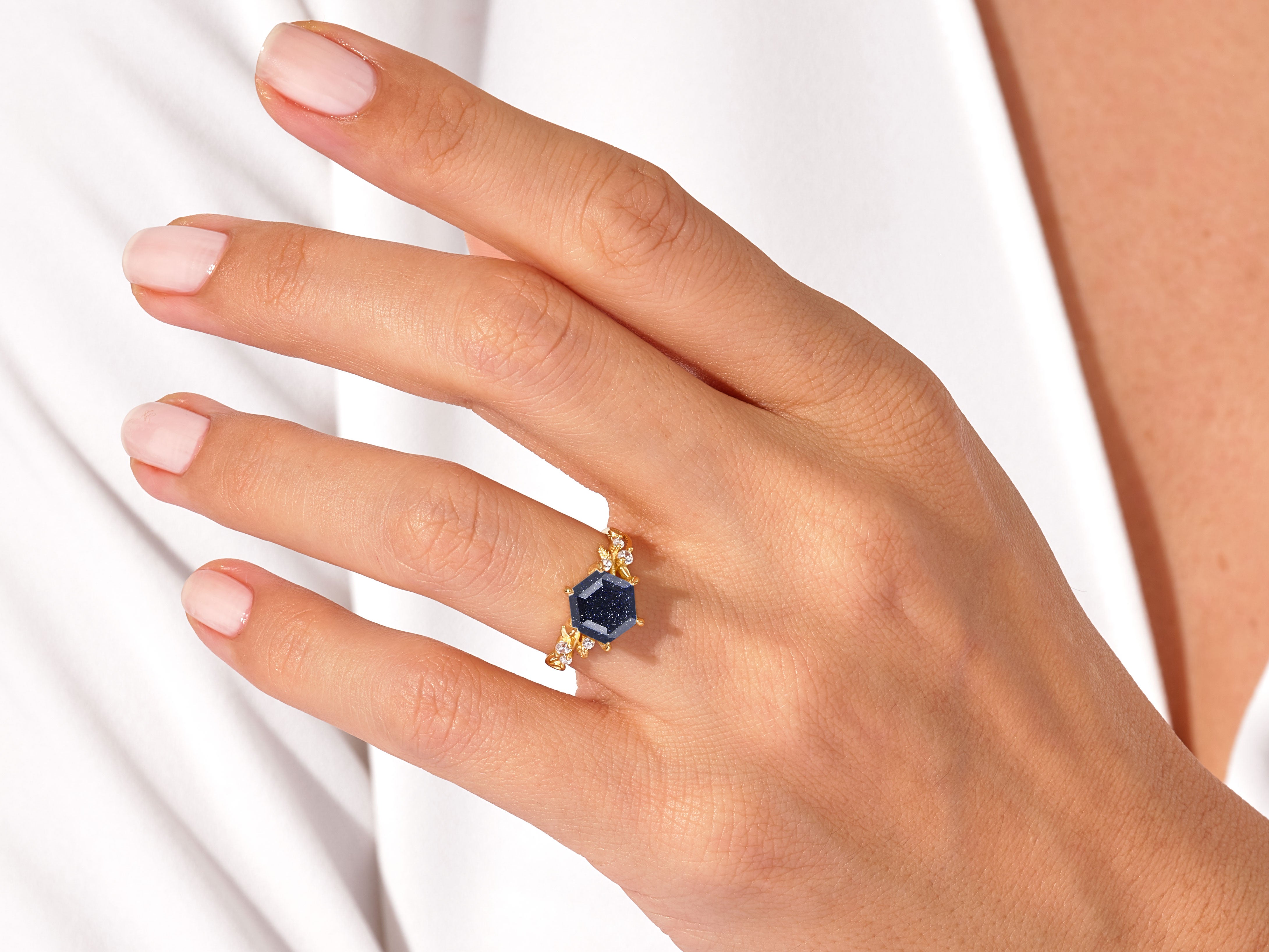 Hexagon Blue Sandstone Nature-Inspired Engagement Ring with Moissanite Sidestones